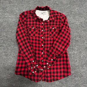 BC Clothing Flannel Shirt Womens Small Red Buffalo Plaid Fleece Lined Snap Front